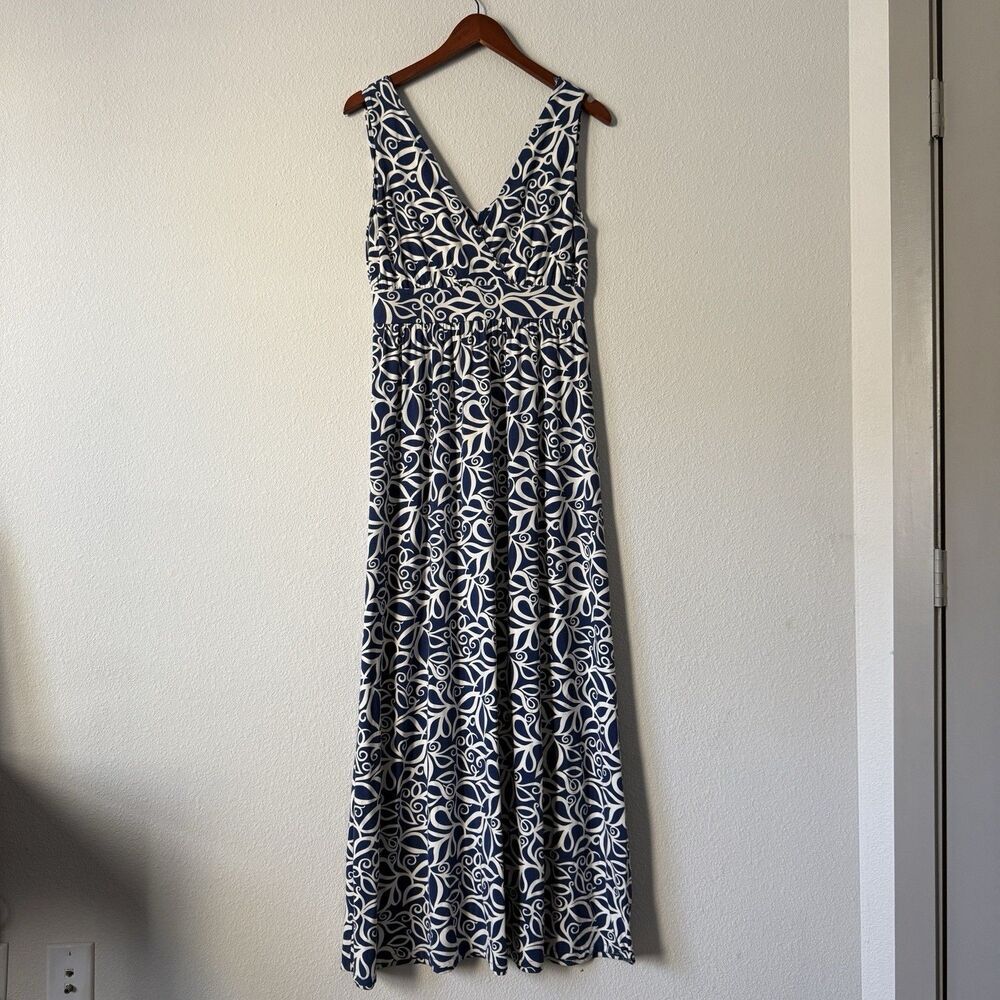 Garnet Hill Maxi Dress Womens Size S Blue White Scroll V-Neck Sleeveless